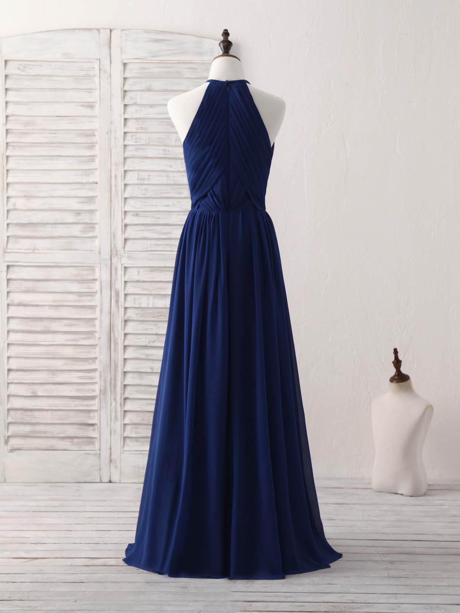 A-line Halter Neck Floor-Length Chiffon Prom Dress with Pleated Bodice