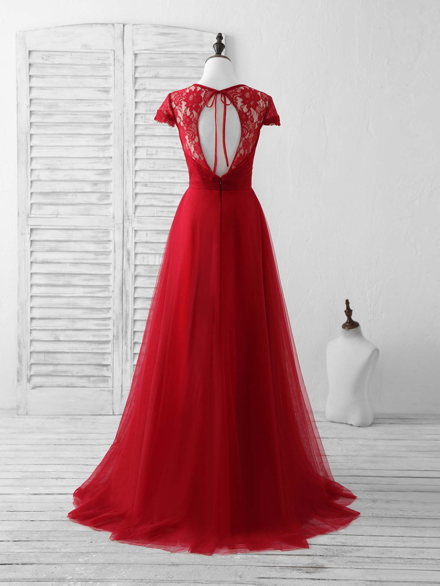 A-Line Keyhole Illusion Neck Floor-Length Tulle & Lace Prom Dress with Sheer Lace Sleeves