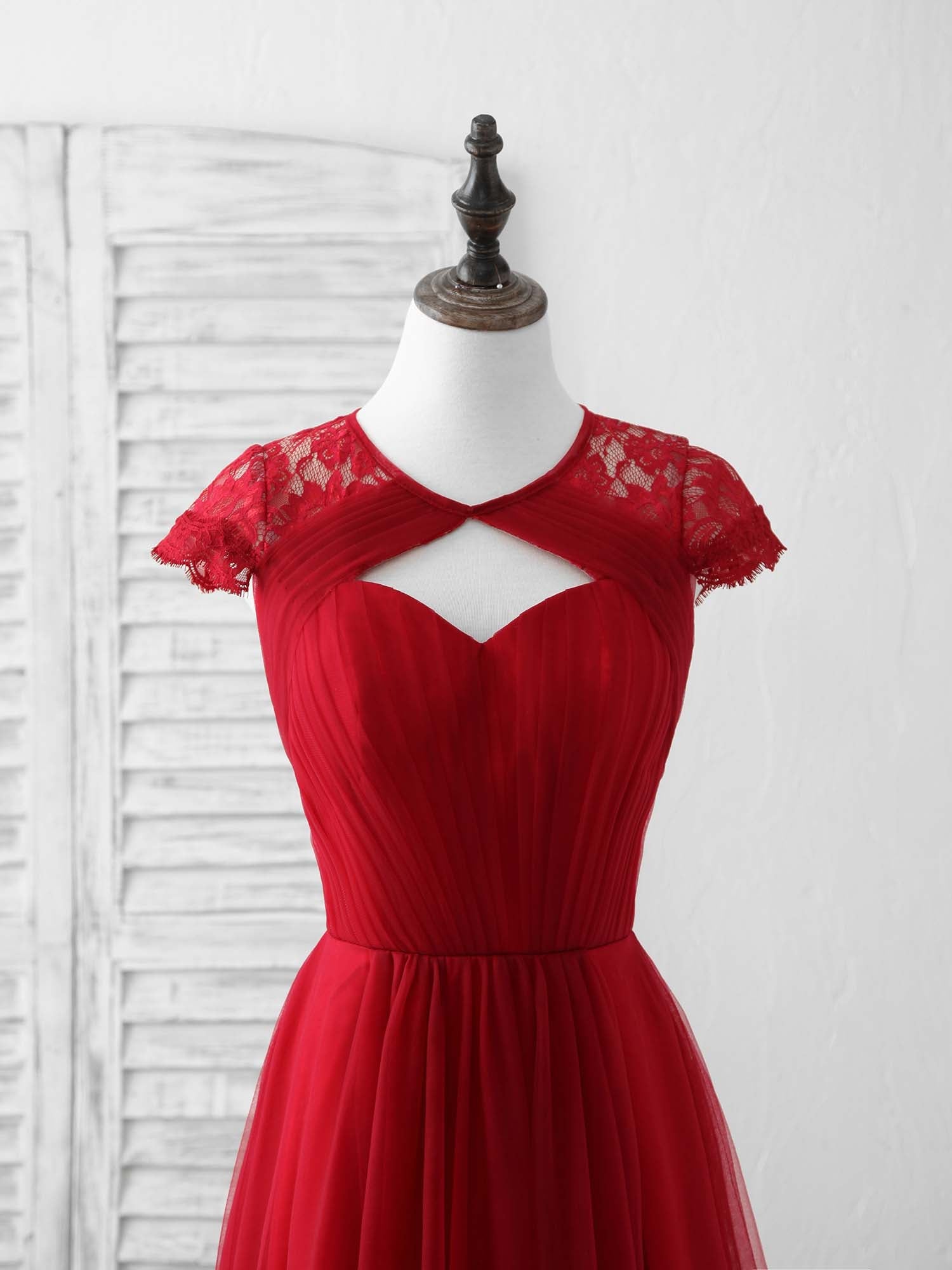 A-Line Keyhole Illusion Neck Floor-Length Tulle & Lace Prom Dress with Sheer Lace Sleeves