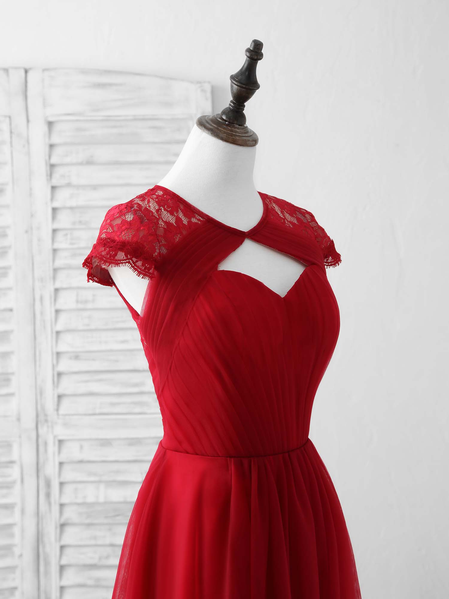 A-Line Keyhole Illusion Neck Floor-Length Tulle & Lace Prom Dress with Sheer Lace Sleeves