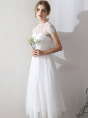 White A-Line Illusion Neck Tea-Length Tulle Prom Dress with Delicate Lace Overlay