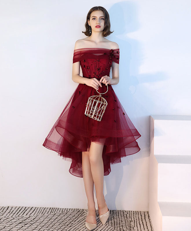 A-line Off-the-Shoulder High-Low Tulle Dress with Lace Appliqué Homecoming Dress