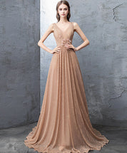 A-Line V-Neck Floor-Length Champagne Tulle Lace Prom Dress with Floral Waist Detail