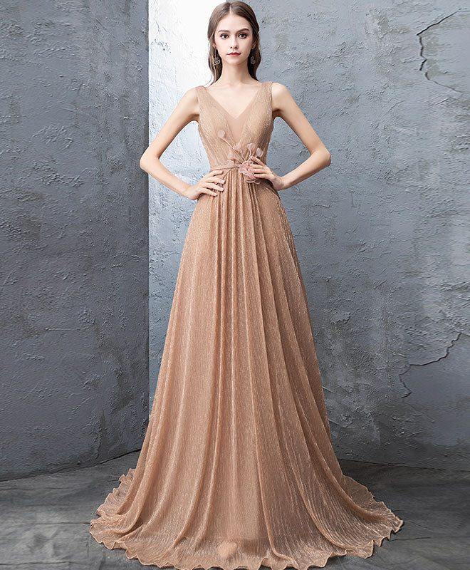 A-Line V-Neck Floor-Length Champagne Tulle Lace Prom Dress with Floral Waist Detail