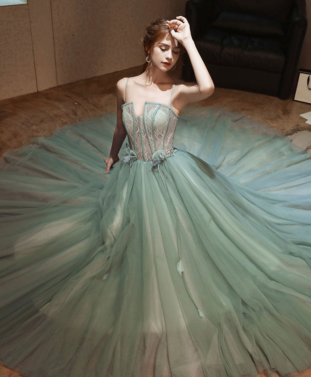 Ball Gown Sweetheart Neck Floor-Length Mint Green Tulle Lace Prom Dress with Corset Bodice