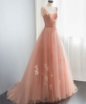 A-Line Scoop Neck Floor-Length Blush Tulle & Lace Prom Dress with 3D Floral Appliqué