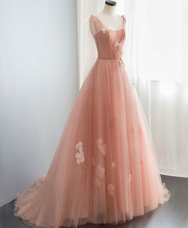 A-Line Scoop Neck Floor-Length Blush Tulle & Lace Prom Dress with 3D Floral Appliqué