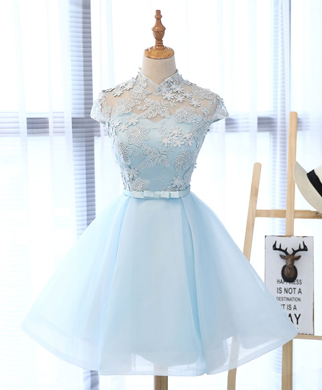 A-Line High Neck Floral Lace Applique Chiffon Short Homecoming Dress With Cap Sleeves