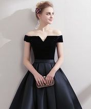 A-line Off-the-Shoulder Knee-Length Satin & Velvet Dress with Pleated Skirt Homecoming Dress