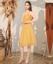 A-Line Sweetheart Neck Knee-Length Yellow Tulle Beaded Homecoming Dress