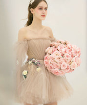 A-Line Off-the-Shoulder Short Tulle Floral-Trim Homecoming Dress