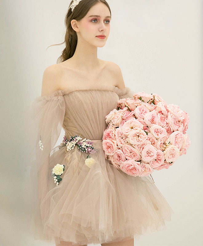A-Line Off-the-Shoulder Short Tulle Floral-Trim Homecoming Dress