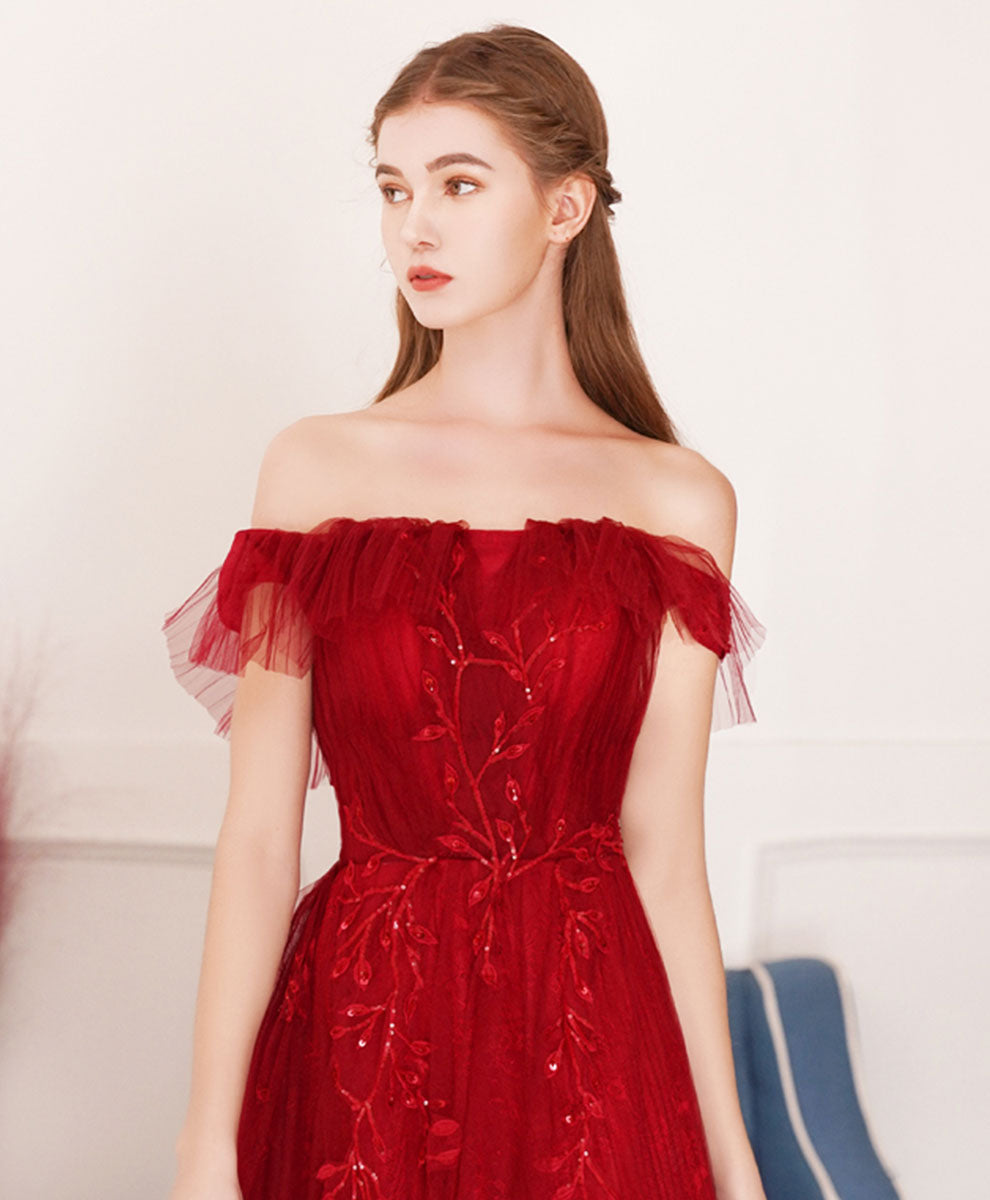 A-Line Off-the-Shoulder Floor-Length Red Tulle Lace Prom Dress with Romantic Floral Appliqué
