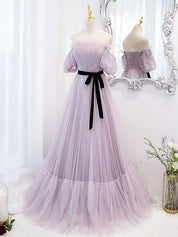 A-Line Lavender Sweetheart Floor-Length Tulle Prom Dress with Puff Sleeves and Ribbon Sash
