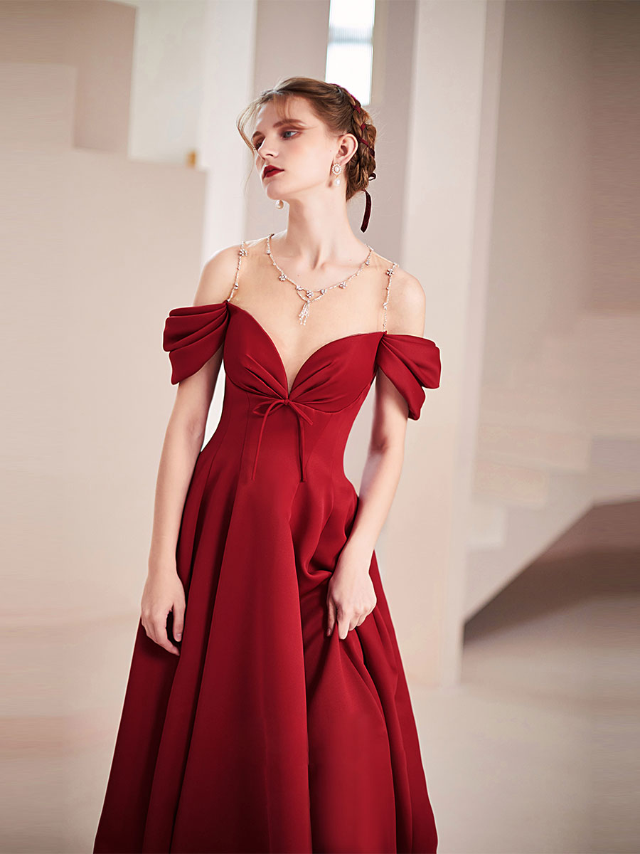 A-Line Burgundy Illusion V Neck Floor-Length Satin Prom Dress with Embellished Neckline