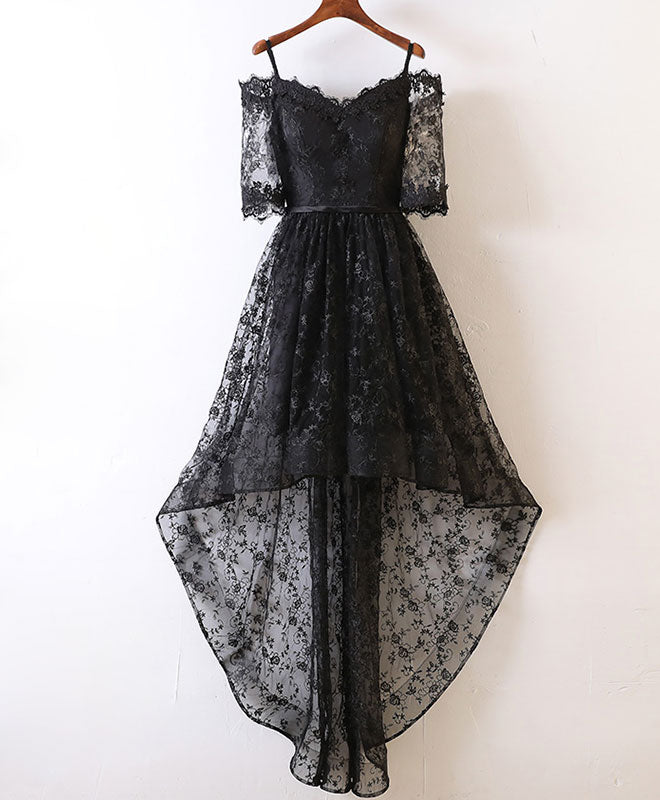 Black Lace Off Shoulder High Low Prom Dress – Elegant Floral Applique Homecoming Gown