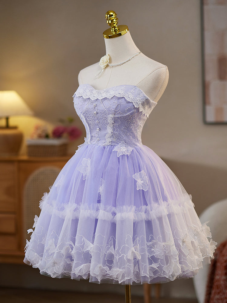 A-Line Lavender Sweetheart Knee-Length Tulle Lace Homecoming Dress with Tiered Ruffle Skirt