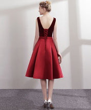 A-line V Neck Knee-Length Satin & Velvet Dress with Illusion Plunge Homecoming Dress