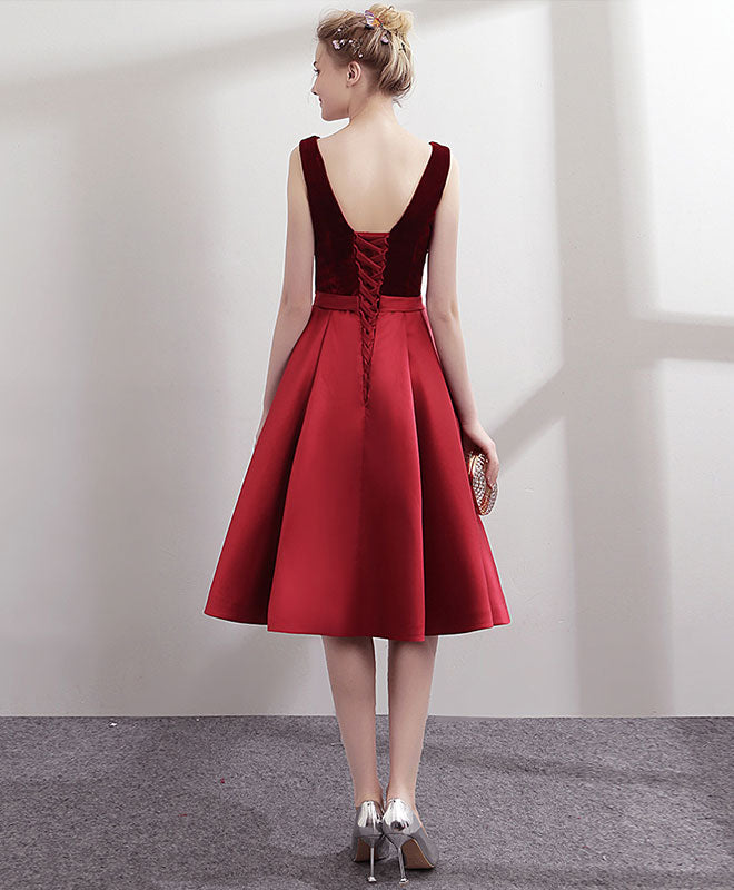 A-line V Neck Knee-Length Satin & Velvet Dress with Illusion Plunge Homecoming Dress