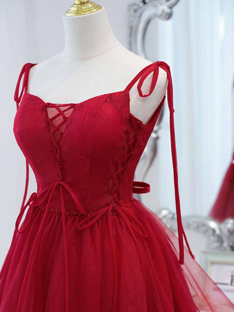 A-Line Sweetheart Short Red Tulle Homecoming Dress with Lace Bodice