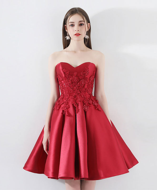 A-Line Sweetheart Neck Knee-Length Red Satin Lace Homecoming Dress