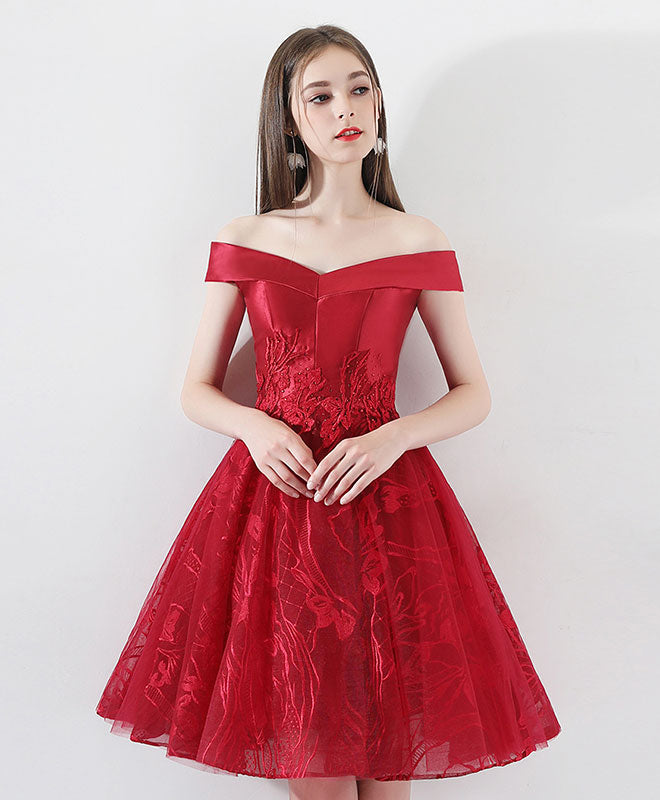 A-Line Off-the-Shoulder Knee-Length Red Tulle Lace Homecoming Dress