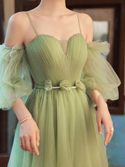 Green A-Line Sweetheart Floor-Length Tulle Prom Dress with Off-the-Shoulder Puff Sleeves