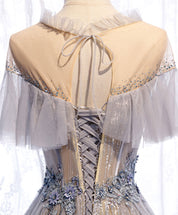 A-Line Misty Gray Illusion Neck Floor-Length Tulle Lace Prom Dress with Ruffled Cape Sleeves and Beaded Waist