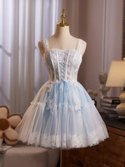 Blue Sweetheart Neck Tulle Lace Short Homecoming Dress