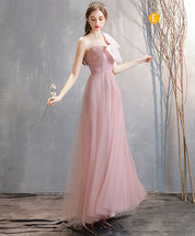 A-Line Blush Pink Off-the-Shoulder Floor-Length Tulle Prom Dress with Pleated Bodice