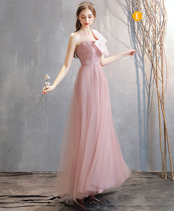 A-Line Blush Pink Off-the-Shoulder Floor-Length Tulle Prom Dress with Pleated Bodice