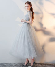 A-Line Illusion Neck Tea-Length Light Grey Tulle Lace Prom Dress with Delicate Floral Texture