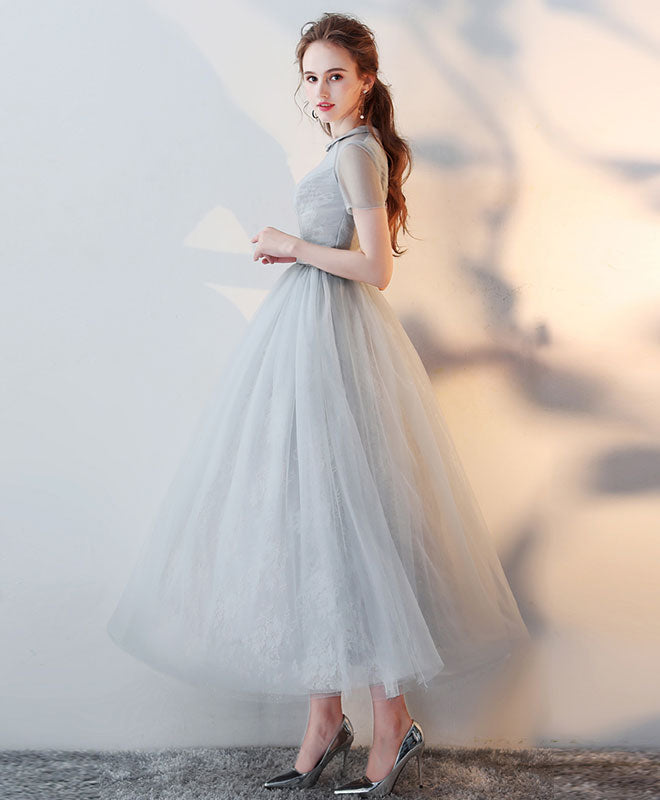 A-Line Illusion Neck Tea-Length Light Grey Tulle Lace Prom Dress with Delicate Floral Texture