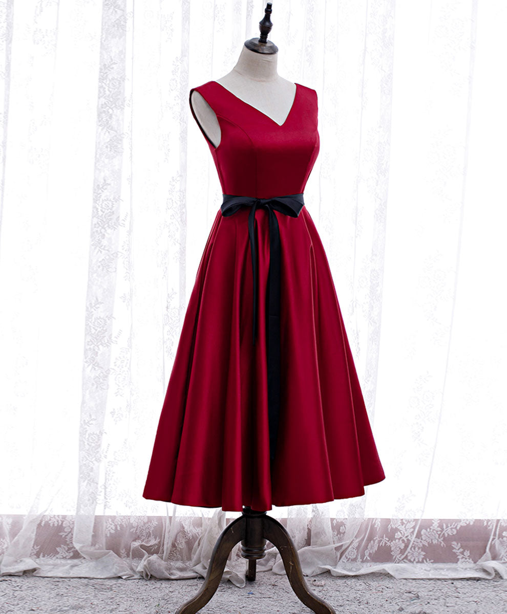 A-Line V-Neck Tea-Length Red Satin Homecoming Dress with Contrast Bow Waist