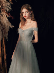 A-Line Off-the-Shoulder Floor-Length Sage Tulle Sequin Prom Dress with Beaded Bodice