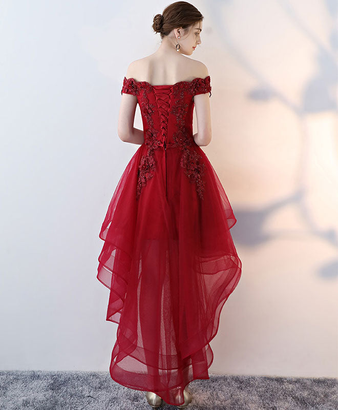 Off-Shoulder High-Low Tulle and Lace Homecoming Dress with Floral Appliqué