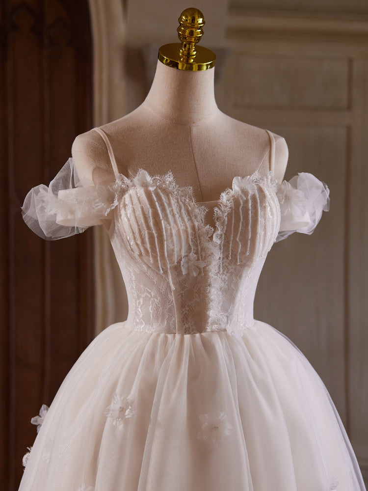 A-Line Ivory Off-the-Shoulder Short/Mini Tulle & Lace Homecoming Dress with Delicate Lace Appliqué