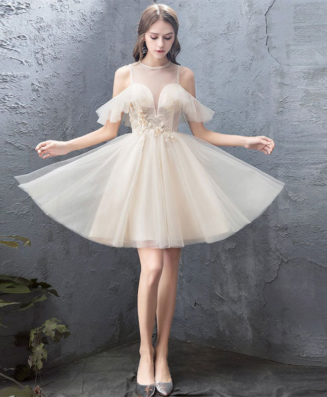 A-Line Illusion Neck Knee-Length Champagne Tulle Homecoming Dress with Cold-Shoulder Sleeves & Floral Lace Appliqué