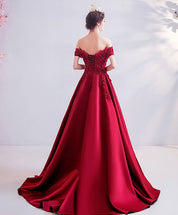 A-Line Off-the-Shoulder Floor-Length Satin & Lace Appliqué Prom Dress