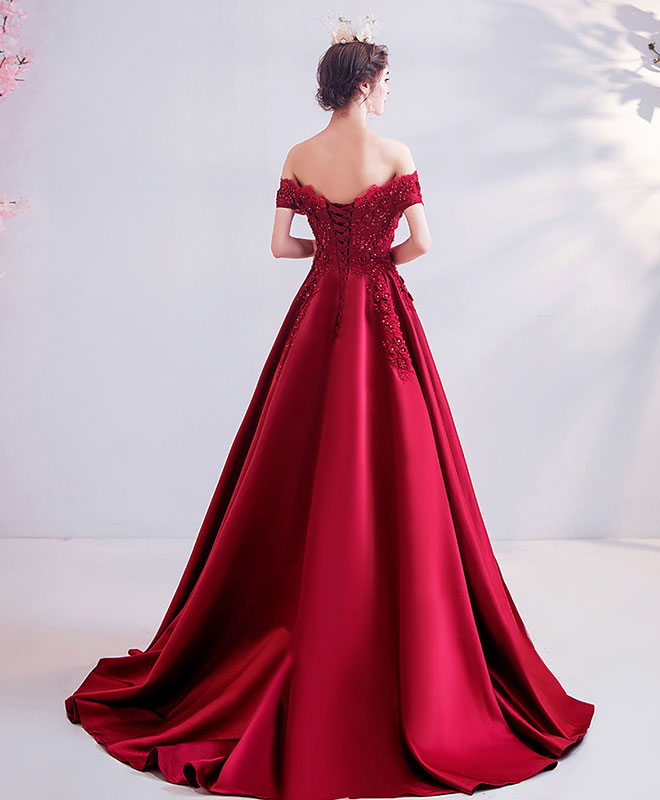 A-Line Off-the-Shoulder Floor-Length Satin & Lace Appliqué Prom Dress
