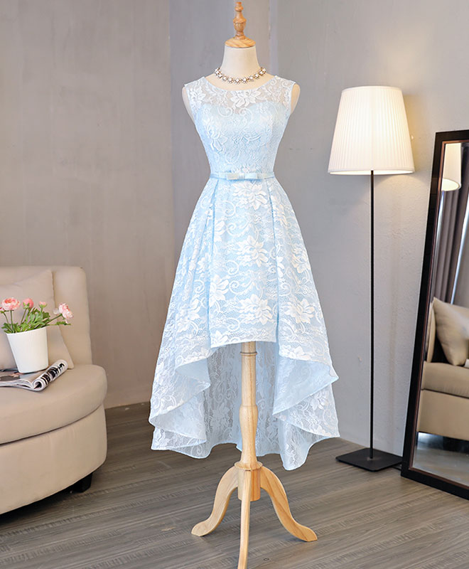 A-line Illusion Neck High-Low Lace Homecoming Dress with Waist Bow Detail