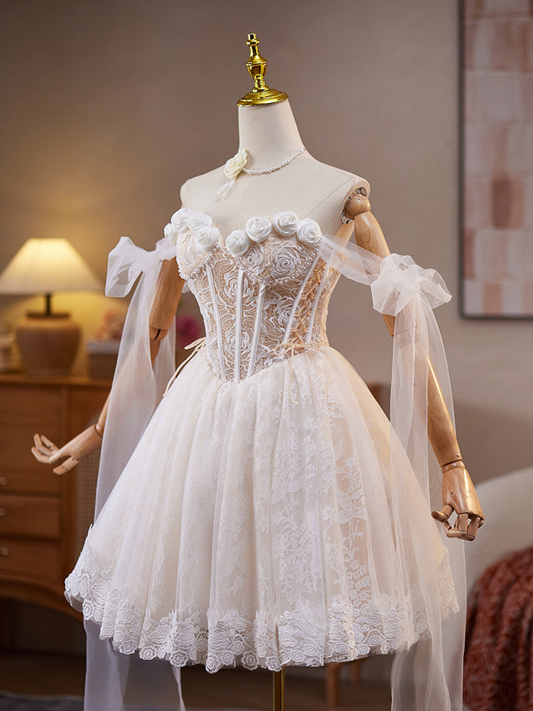 Ivory A-Line Off-the-Shoulder Knee-Length Tulle Homecoming Dress with 3D Floral Appliqué