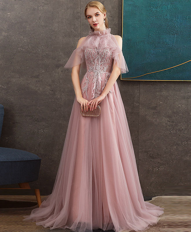 High Neck A-line Floor-Length Tulle & Lace Prom Dress with Sheer Puff Sleeves