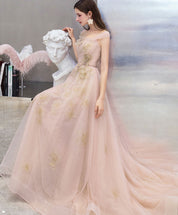 A-Line Illusion Square Neck Floor-Length Blush Pink Tulle Prom Dress with Floral Lace Appliqué