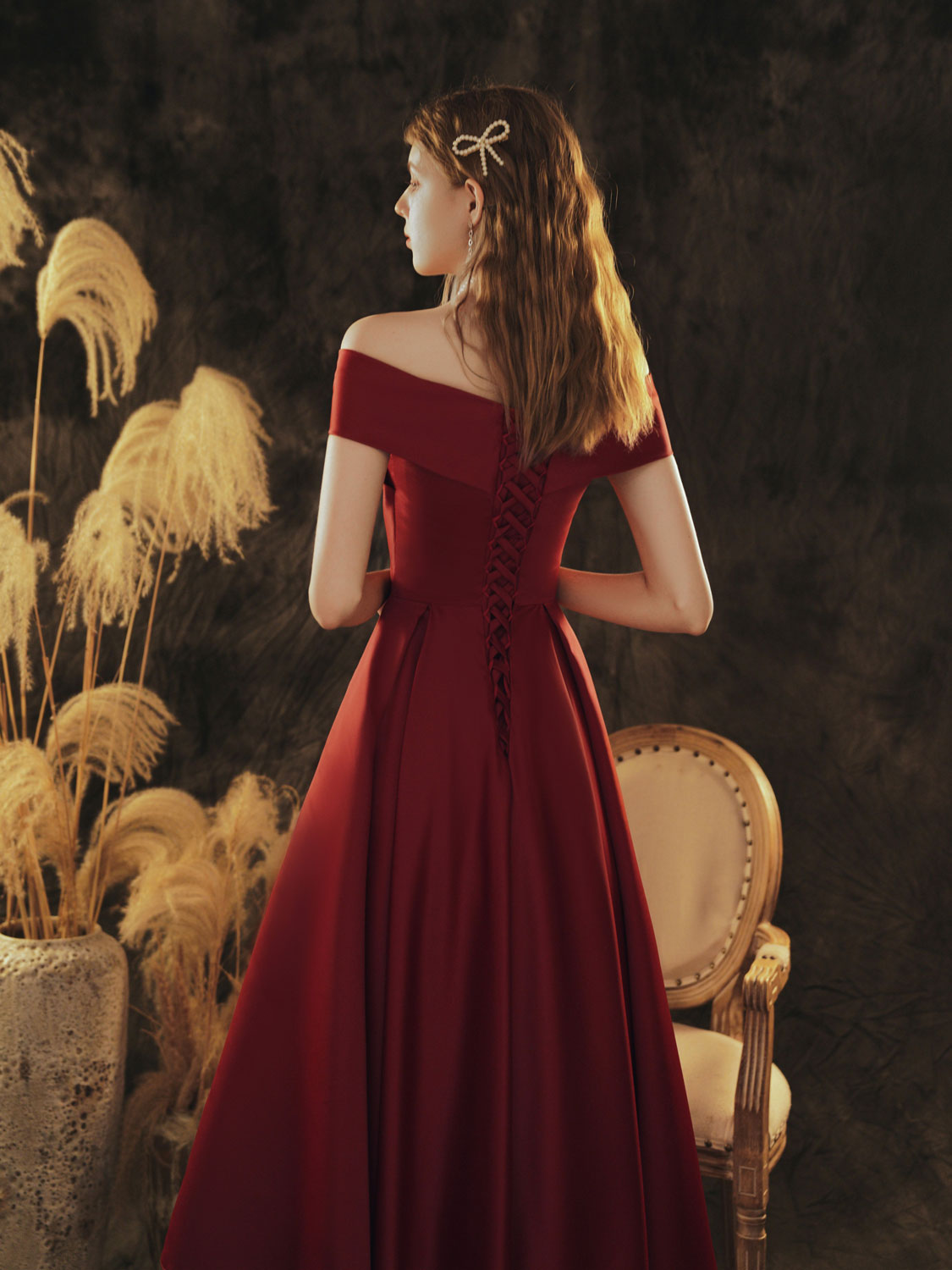 A-Line Off-the-Shoulder Knee-Length Burgundy Satin Prom Dress with Draped Bodice