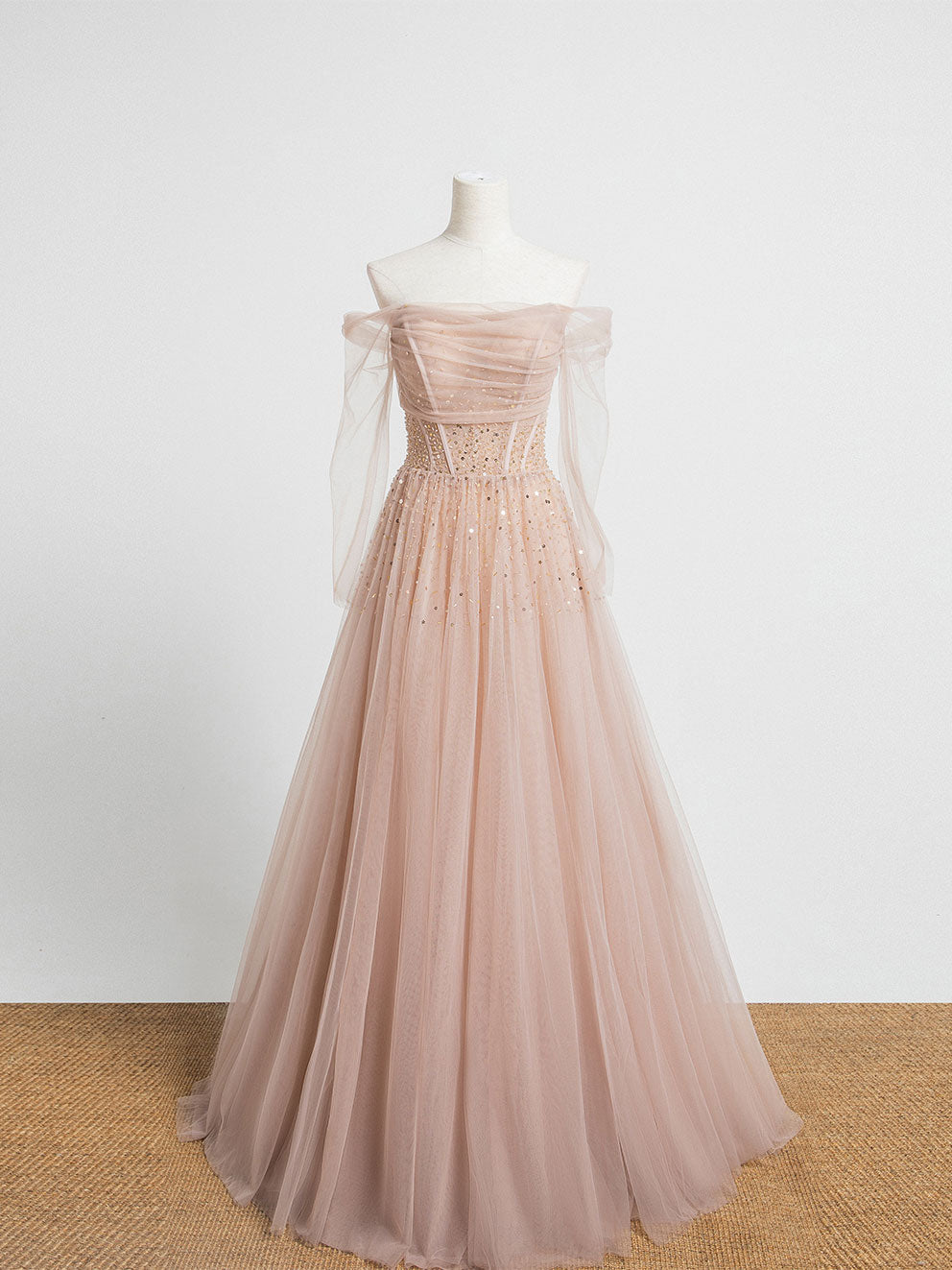 A-Line Off-the-Shoulder Floor-Length Blush Tulle Beaded Prom Dress with Soft Tulle Sleeves