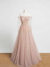 A-Line Off-the-Shoulder Floor-Length Blush Tulle Beaded Prom Dress with Soft Tulle Sleeves