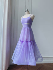 A-Line Scoop Neck Tea-Length Sage Green Tulle Homecoming Dress with Tiered Skirt