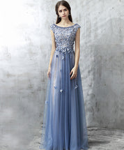 A-line Scoop Neck Cap Sleeve Tulle Prom Dress with 3D Floral Appliques