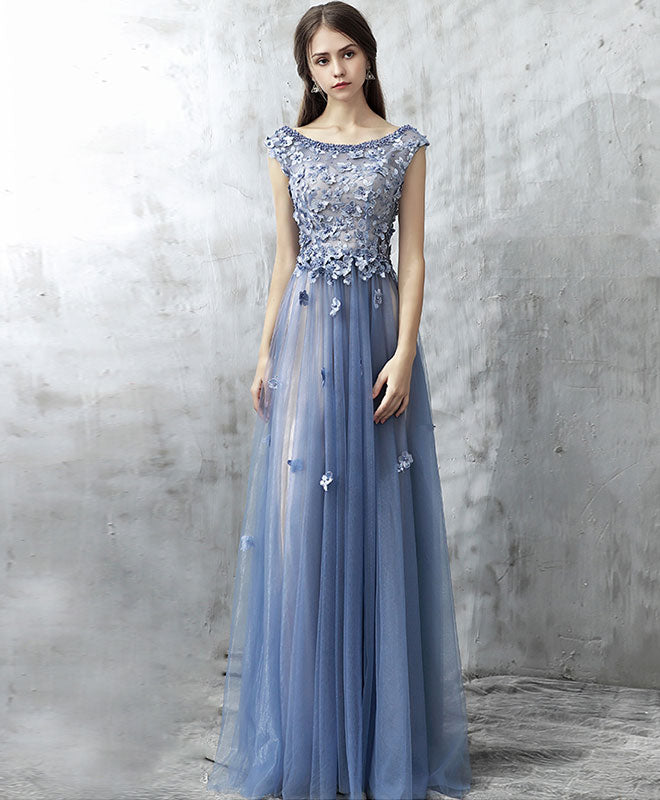 A-line Scoop Neck Cap Sleeve Tulle Prom Dress with 3D Floral Appliques